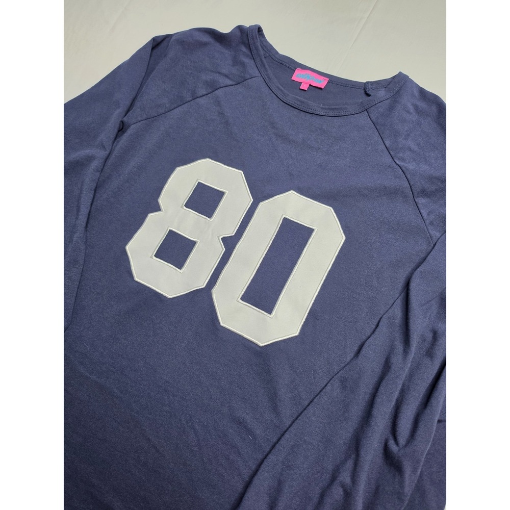 Edikted Shirt Women's Large Blue Graphic 100% Cotton Raglan Sleeve Oversized Fit - Picture 3 of 9